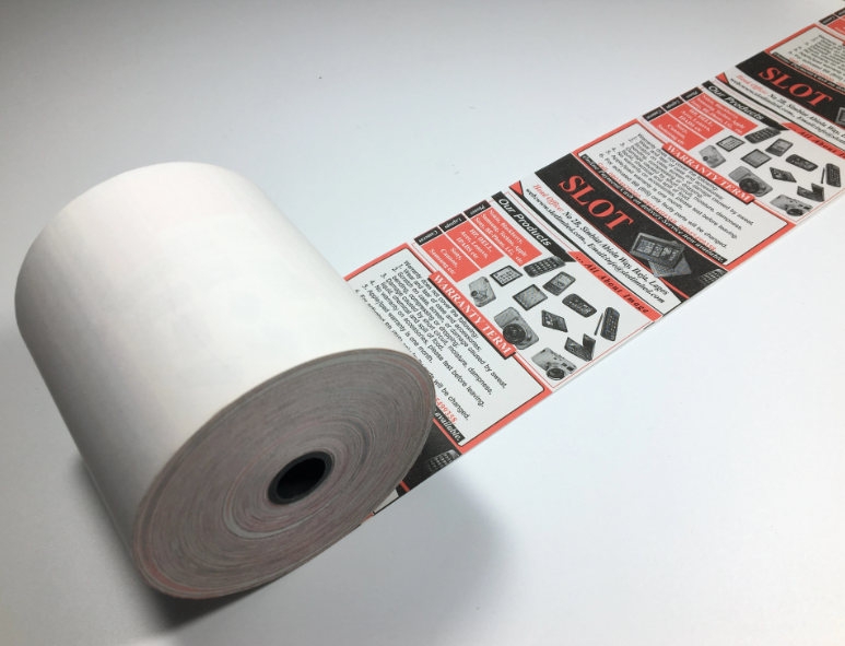 Roll of thermal paper with smooth white surface, designed for high-quality receipt and label printing
