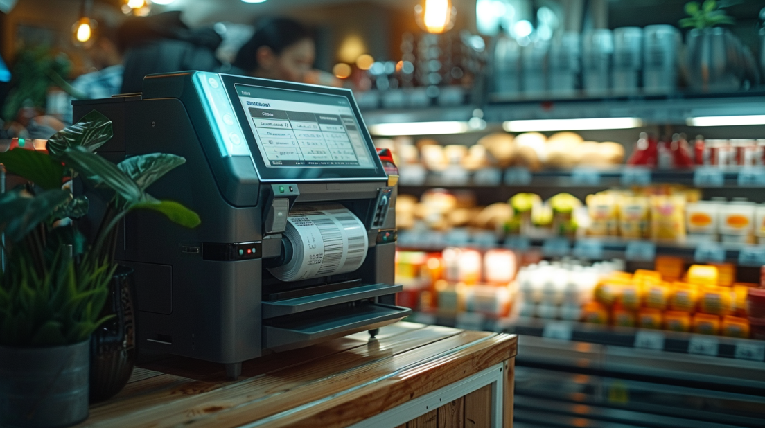 Cashier using POS machine printing a receipt from thermal paper roll in a busy supermarket checkout counter