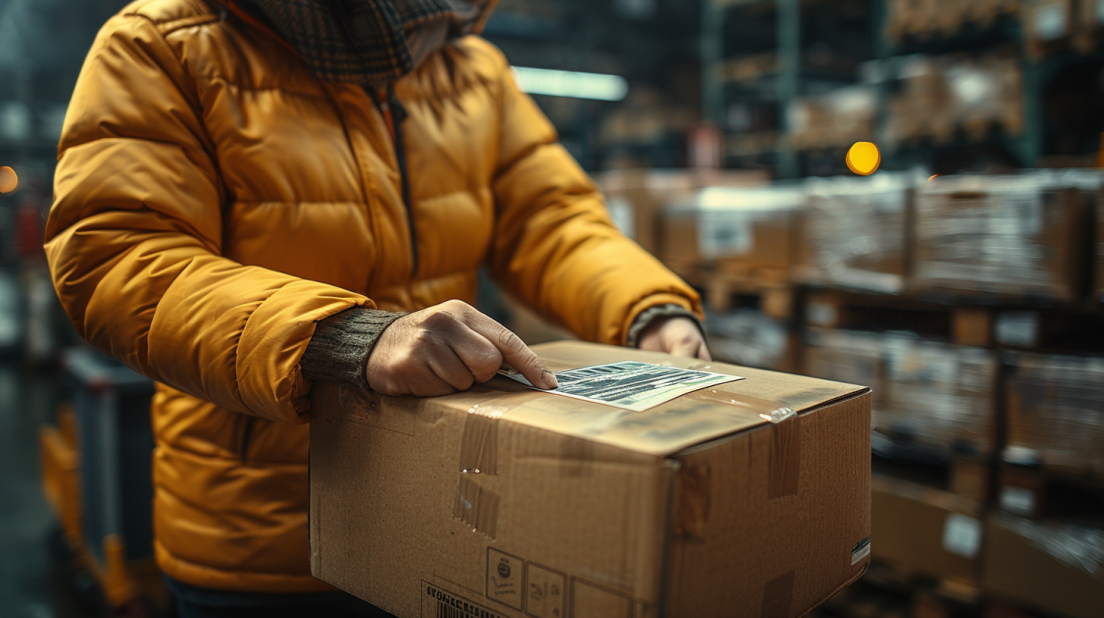 Warehouse worker applying a thermal paper shipping label with barcode onto a cardboard box at a packing station