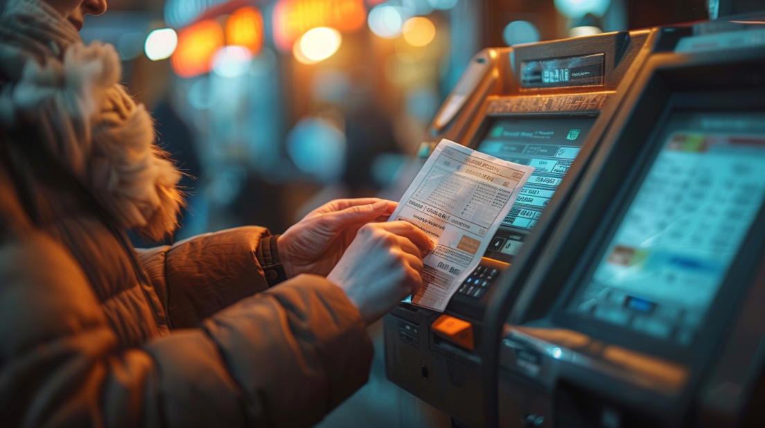 Customer retrieving a printed thermal paper receipt from ATM machine inside a modern bank